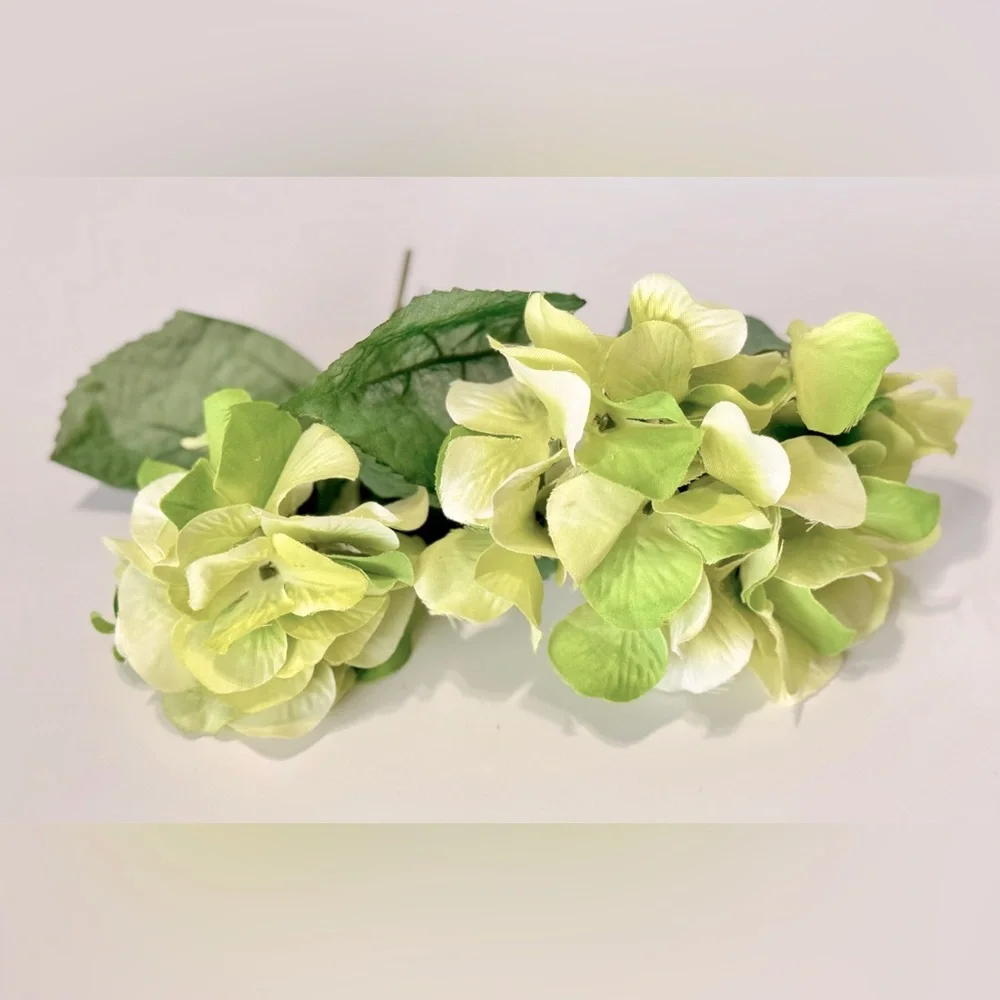 2 SHABBY CHIC Green Hydrangeas w Stems Floral Arrangement Faux Flower LIFELIKE